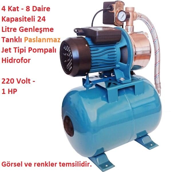 4 Kat - 8 Daire Kapasiteli Paslanmaz Jet Tipi Pompalı Hidrofor 220 Volt 1 HP, 24 Litre Yatay Tanklı